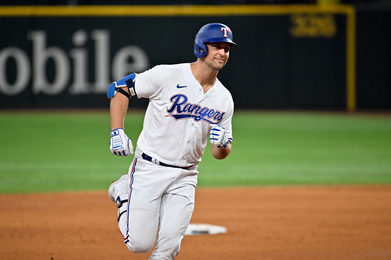 Oct 10, 2023; Arlington, Texas, USA; Texas Rangers first baseman Nathaniel Lowe (30) runs the bases after hitting a solo home run against the Baltimore Orioles in the sixth inning during game three of the ALDS for the 2023 MLB playoffs at Globe Life Field. Mandatory Credit: Jerome Miron-USA TODAY Sports  